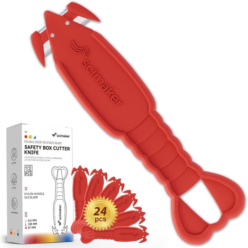 scimaker Safety Box Cutter Knife, 24 PCS Stainless Steel Lobster Safety Utility Cutter with Ergonomic Film Cutting Blade for Box, Carton, Shrink Wrap, Plastic Straps - Red - Image 1